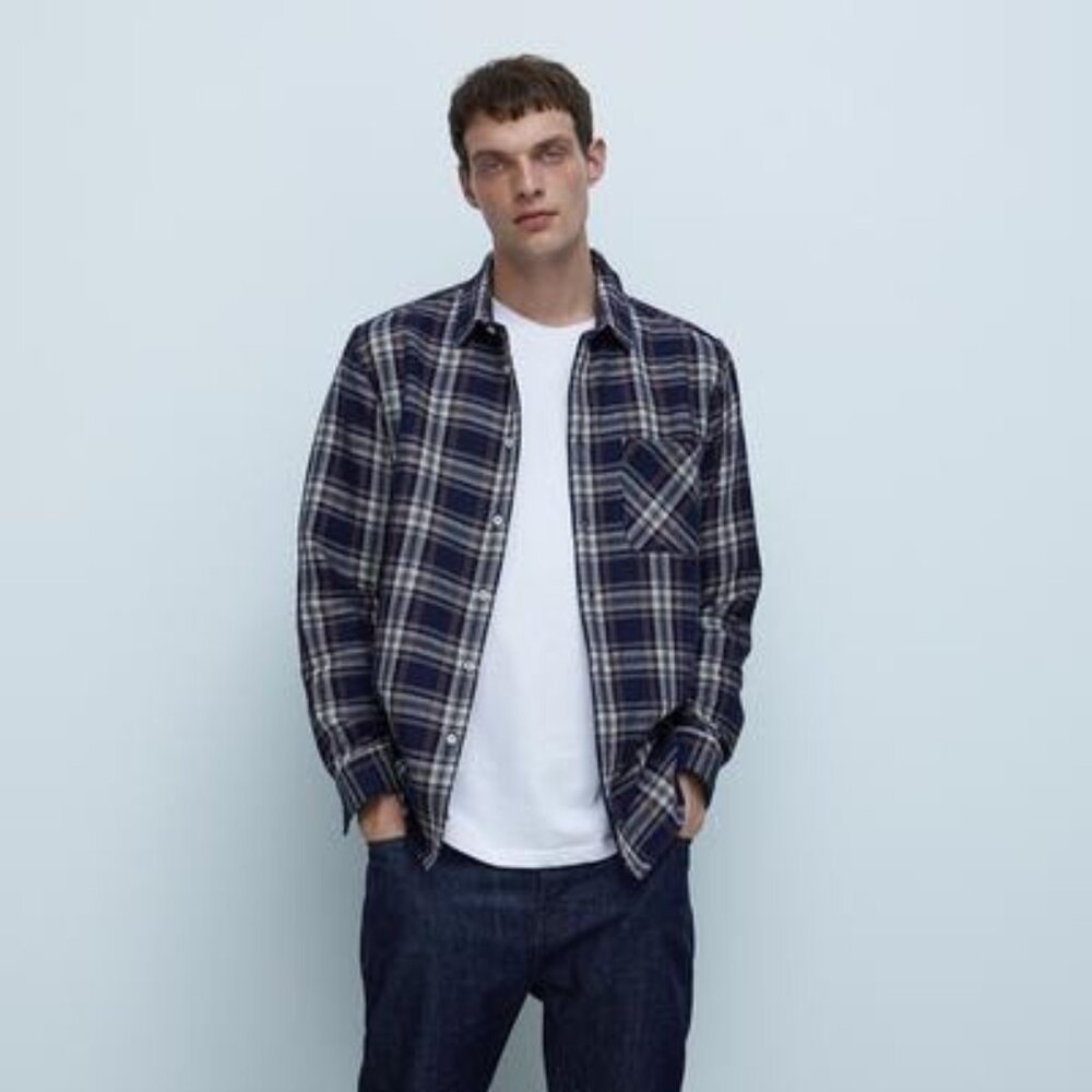 New Zara $59 Blue Plaid Textured Long Sleeve Overshirt Men’s Large 6608/300